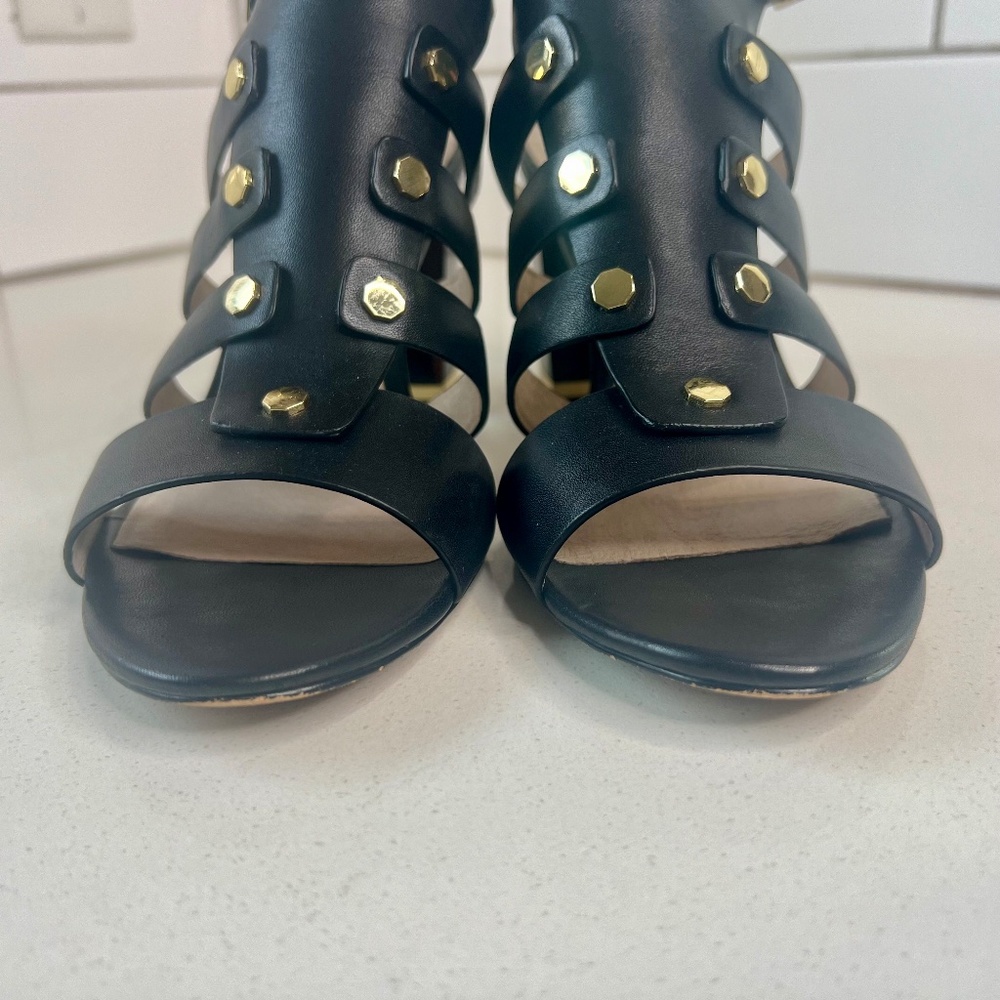 Louise et Cie Lo-Vira black leather sandals, tortoise color block heel - Picture 8 of 15